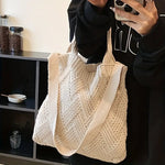 Top Handle Shoulder Bag, Solid Color Knitted Woven Bag, Beige White